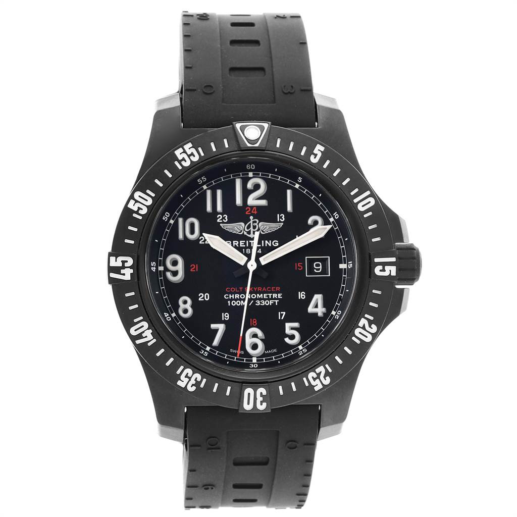 The image shows a Breitling Colt X74320 Men's Stainless Steel Black Dial X74320 Men's Stainless Steel Black Dial model watch from a front angle, highlighting its face, bezel, and strap.