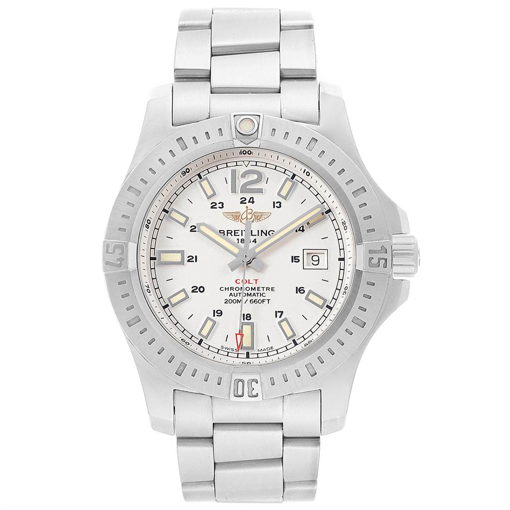 The image shows a front view of the Breitling Colt A17388 Men's Stainless Steel White Dial A17388 Men's Stainless Steel White Dial watch, displaying the dial, bezel, and stainless steel bracelet.