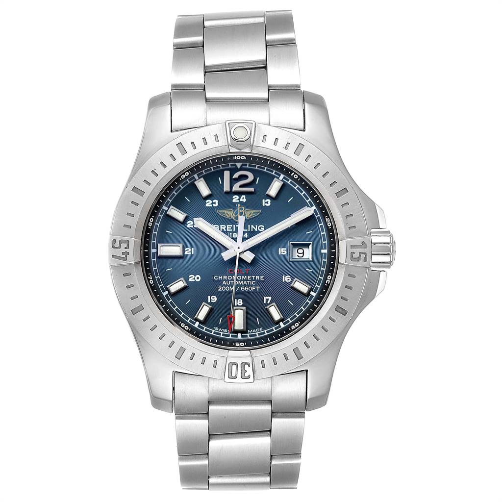This image shows a front view of a Breitling Colt A17388 Men's Stainless Steel Blue Dial A17388 Men's Stainless Steel Blue Dial watch, featuring its face, bezel, bracelet, and crown.