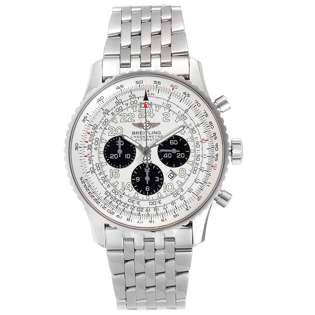 The watch is a Breitling Colt A23322 Men's Stainless Steel Silver Dial A23322 Men's Stainless Steel Silver Dial model, shown from a front angle, featuring a stainless steel bracelet and chronograph subdials.