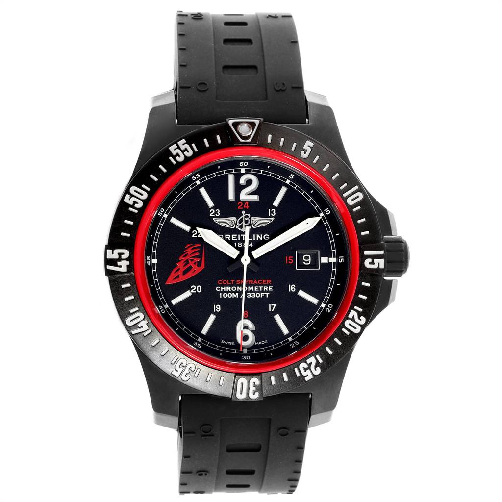 The image shows a front view of the Breitling Colt X74320 Men's Stainless Steel Black Dial X74320 Men's Stainless Steel Black Dial watch, displaying its face, bezel, and strap.