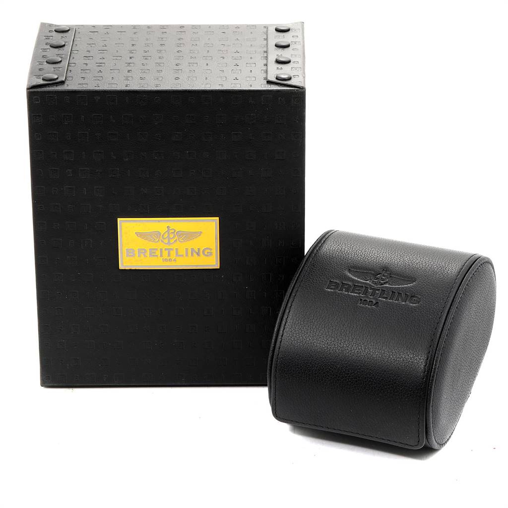 The image shows Breitling Colt A74380 Men's Stainless Steel Silver Dial A74380 Men's Stainless Steel Silver Dial watch packaging, including a black box and a cylindrical leather case.