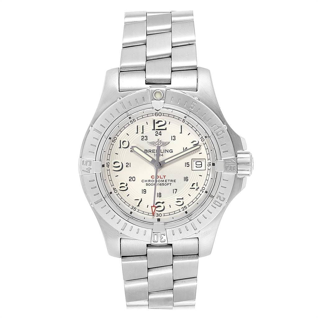 This is a front view of the Breitling Colt A74380 Men's Stainless Steel Silver Dial A74380 Men's Stainless Steel Silver Dial watch, showing the face, bezel, and bracelet.