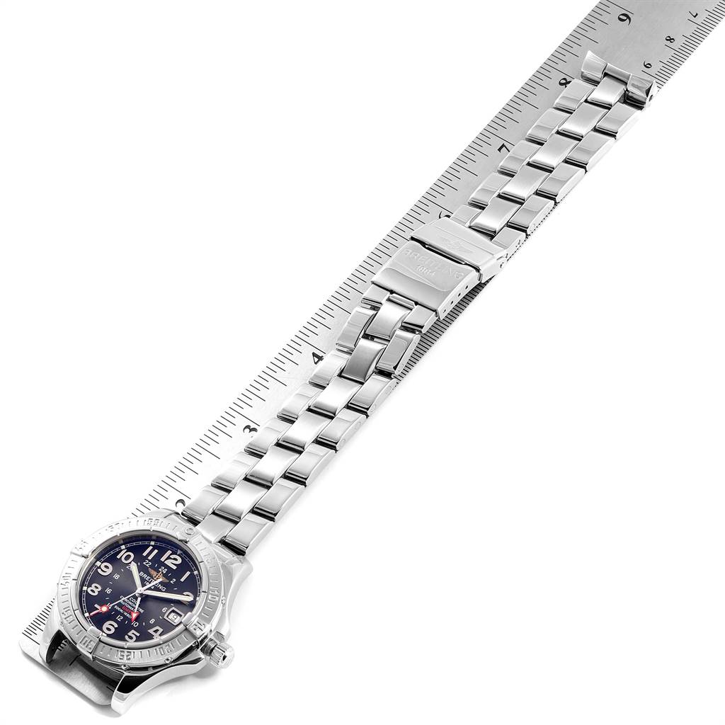 The image shows the top view of the Breitling Colt A32350 Men's Stainless Steel Black Dial A32350 Men's Stainless Steel Black Dial watch, highlighting its face, bracelet, and clasp.