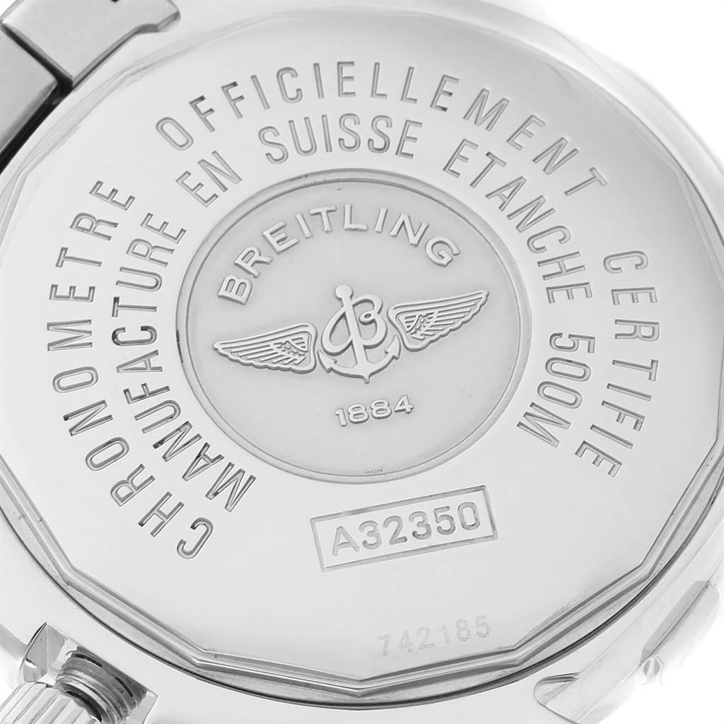 This image shows the back case of the Breitling Colt A32350 Men's Stainless Steel Black Dial A32350 Men's Stainless Steel Black Dial watch model with engraved details and branding.