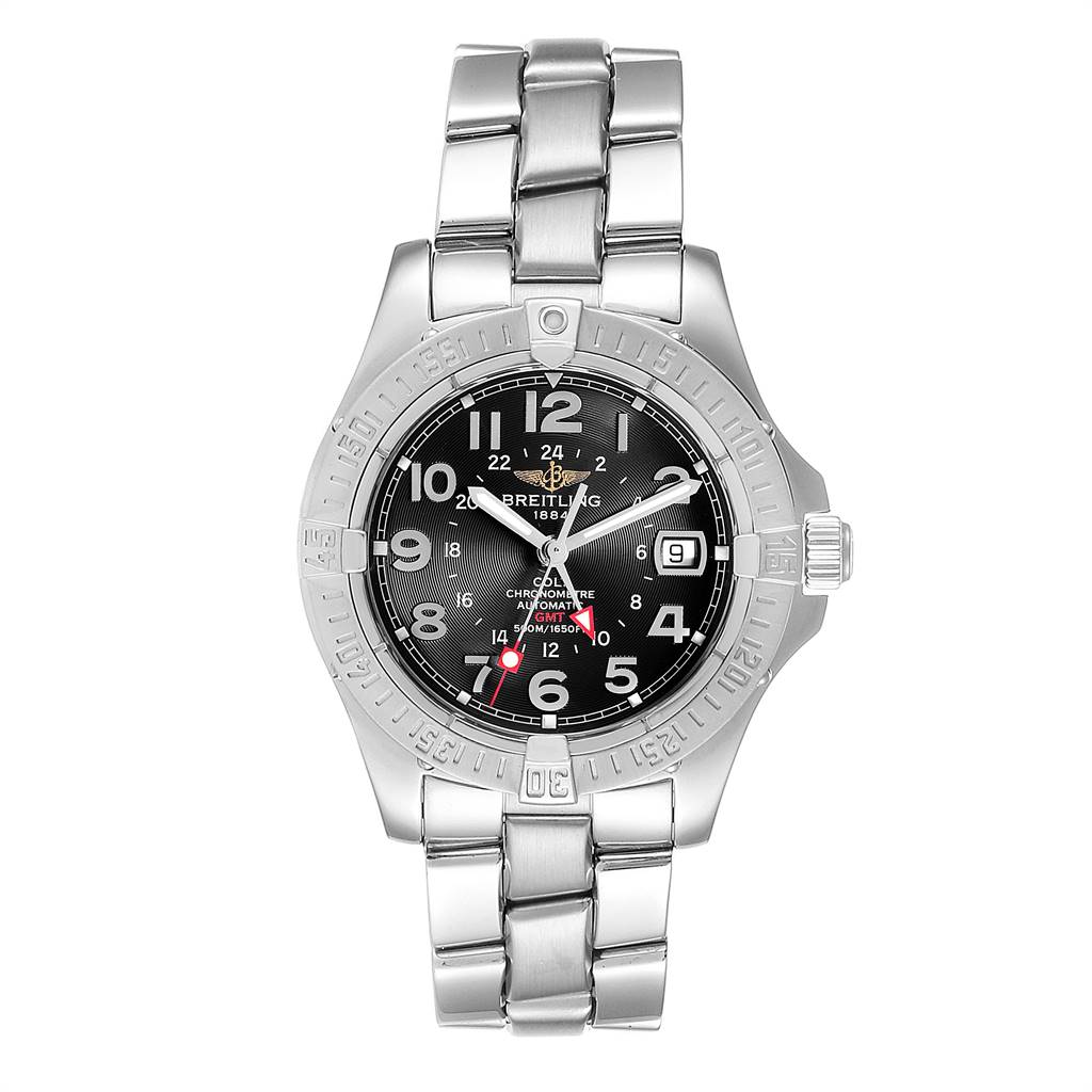 The Breitling Colt A32350 Men's Stainless Steel Black Dial A32350 Men's Stainless Steel Black Dial watch is shown from a front angle, displaying its face, bezel, and metal bracelet.