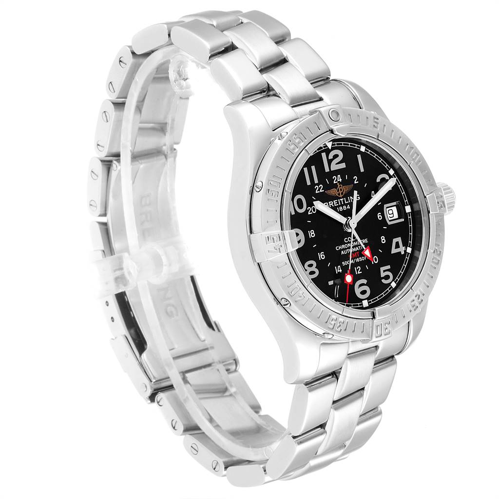 The image shows a Breitling Colt A32350 Men's Stainless Steel Black Dial A32350 Men's Stainless Steel Black Dial watch from a slight right side angle, highlighting its bracelet, bezel, and dial.