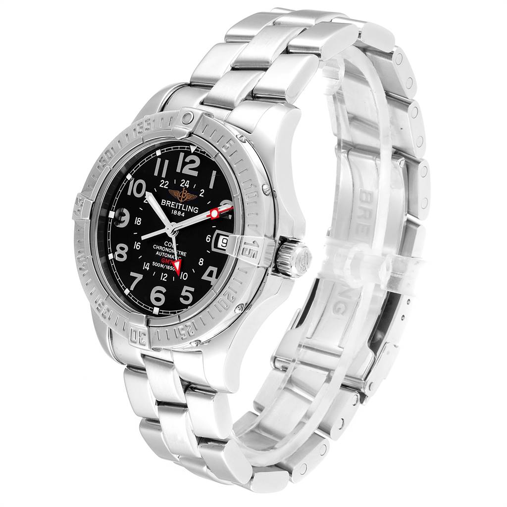 The Colt model by Breitling is shown at a 3/4 angle displaying the face, bezel, and part of the bracelet.