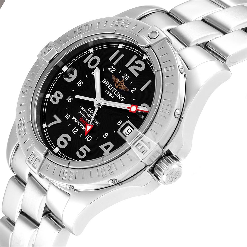 The Breitling Colt A32350 Men's Stainless Steel Black Dial A32350 Men's Stainless Steel Black Dial watch is shown at an angle displaying the face, bezel, crown, and bracelet.