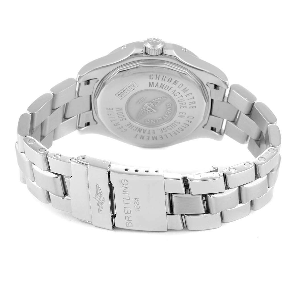 The image shows the rear view of the Breitling Colt A32350 Men's Stainless Steel Black Dial A32350 Men's Stainless Steel Black Dial watch, highlighting the case back and metal bracelet.