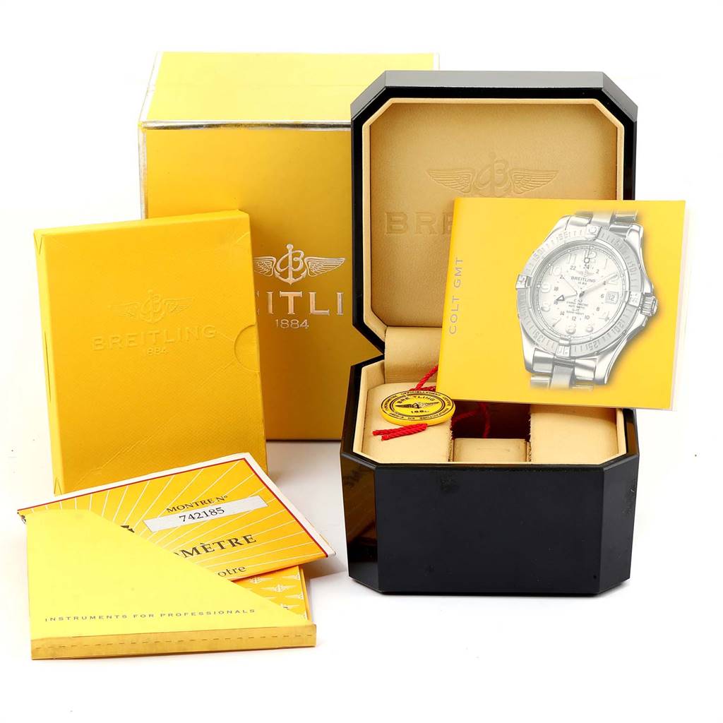 The image shows the packaging, manuals, warranty card, tag, and box of the Breitling Colt A32350 Men's Stainless Steel Black Dial A32350 Men's Stainless Steel Black Dial watch.