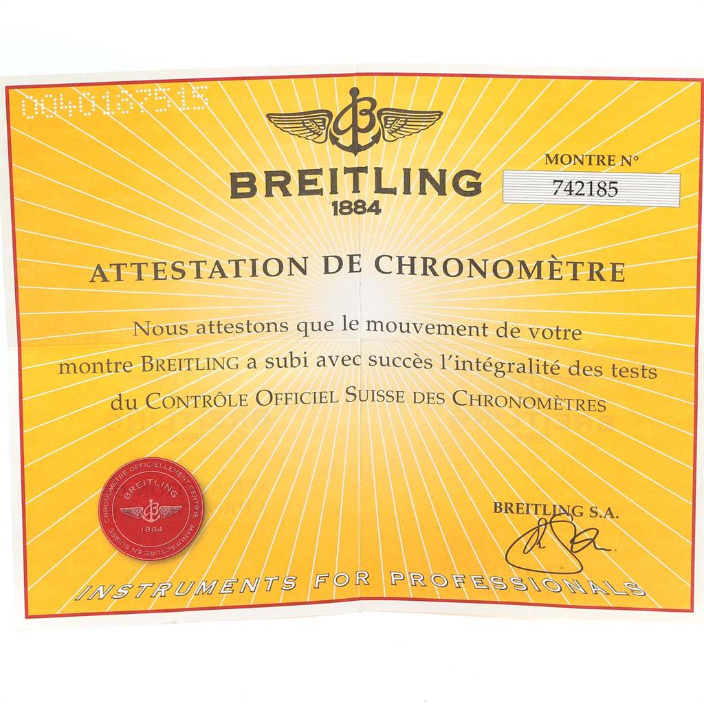 The image shows the attestation de chronomètre certificate for the Breitling Colt A32350 Men's Stainless Steel Black Dial A32350 Men's Stainless Steel Black Dial model watch.