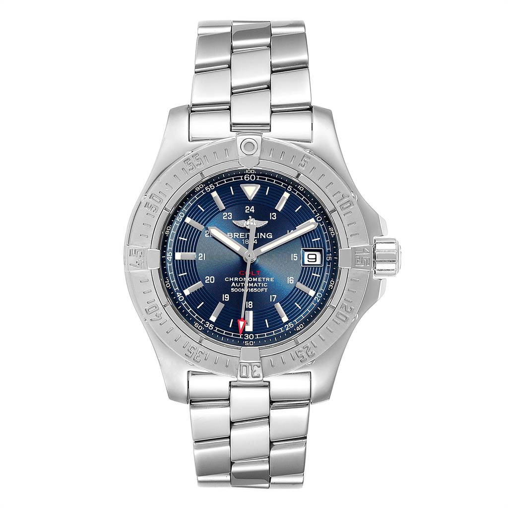 This image shows a front view of the Breitling Colt A17380 Men's Stainless Steel Blue Dial A17380 Men's Stainless Steel Blue Dial watch, highlighting its dial, bezel, and metal bracelet.