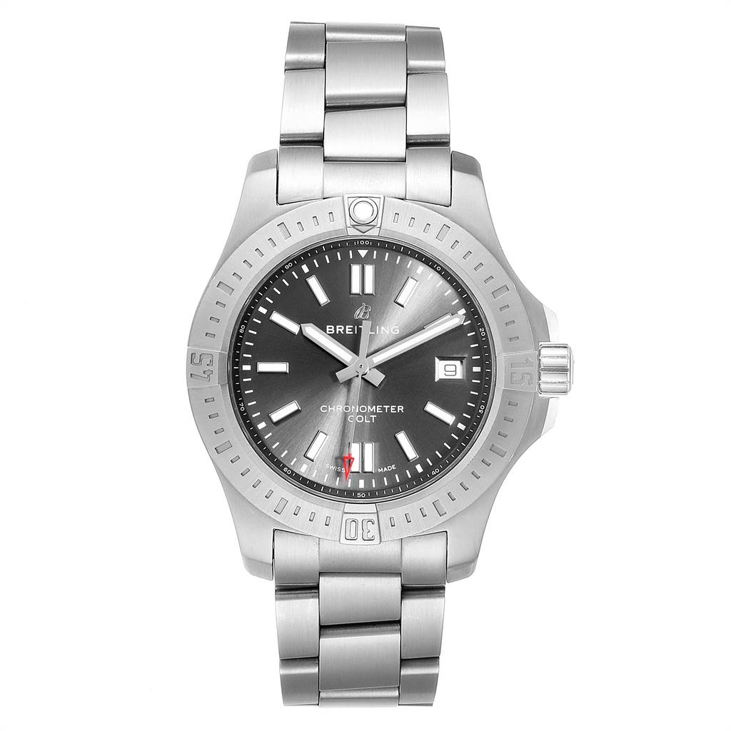 The Breitling Colt A17313 Men's Stainless Steel Grey Dial A17313 Men's Stainless Steel Grey Dial watch is shown from a front angle, displaying the face, bezel, lugs, and bracelet.