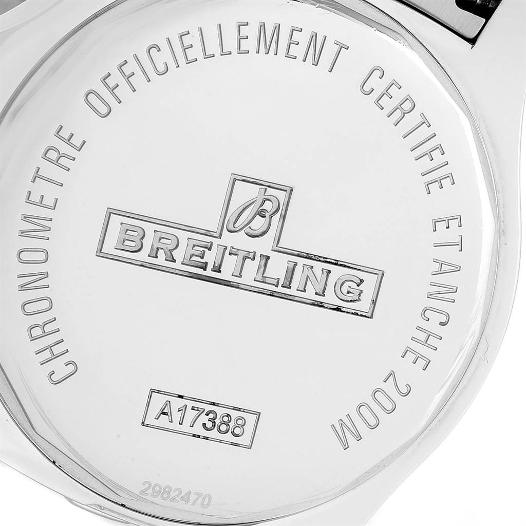 This image shows the back case of the Breitling Colt A17388 Men's Stainless Steel Blue Dial A17388 Men's Stainless Steel Blue Dial watch, highlighting engravings and the serial number.