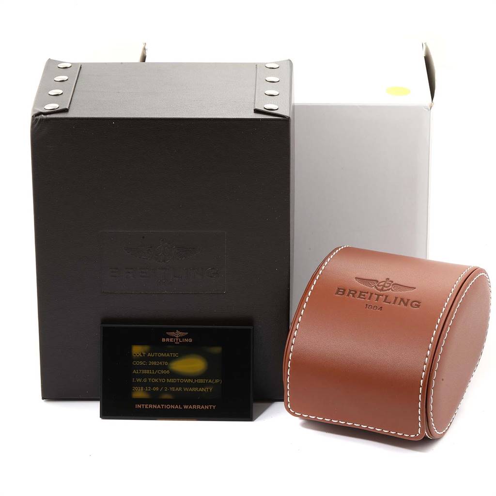 The image shows the Breitling Colt A17388 Men's Stainless Steel Blue Dial A17388 Men's Stainless Steel Blue Dial watch packaging, including the outer box, leather case, and warranty card.