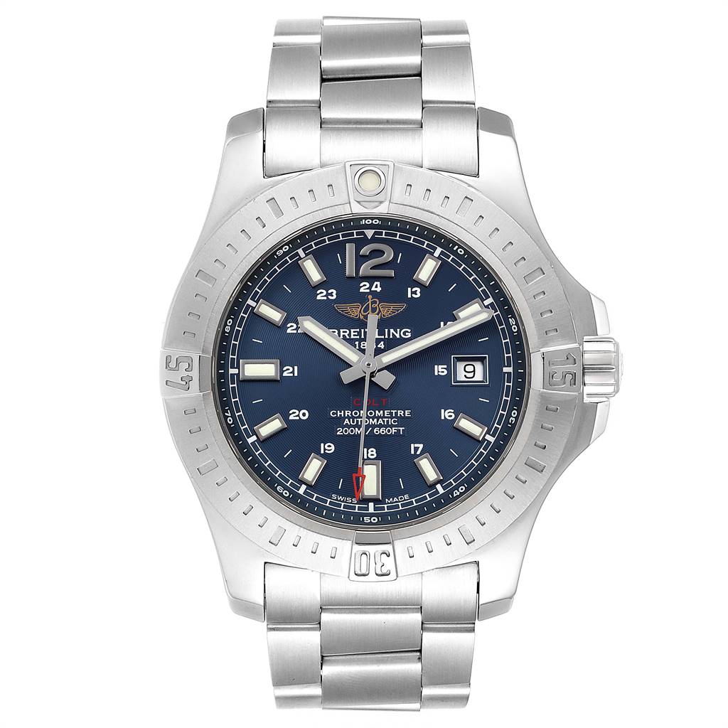 The image shows a front view of a Breitling Colt A17388 Men's Stainless Steel Blue Dial A17388 Men's Stainless Steel Blue Dial watch, displaying its bezel, dial, hands, and stainless steel bracelet.