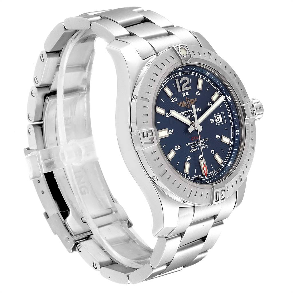 The image shows a side view of the Breitling Colt A17388 Men's Stainless Steel Blue Dial A17388 Men's Stainless Steel Blue Dial watch, highlighting its face, bezel, crown, and metal bracelet.