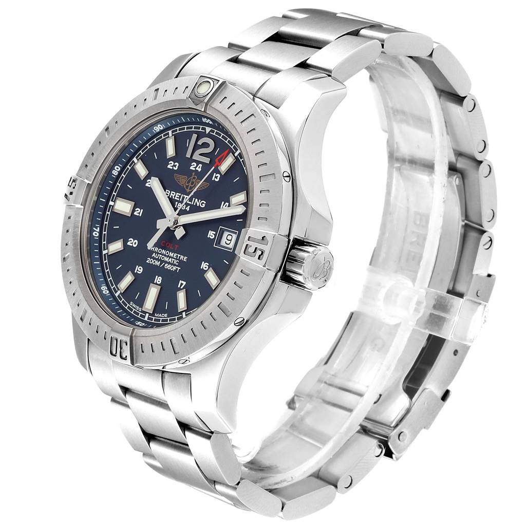 The Breitling Colt A17388 Men's Stainless Steel Blue Dial A17388 Men's Stainless Steel Blue Dial watch is shown at an angle highlighting the face, bezel, crown, and metal bracelet.