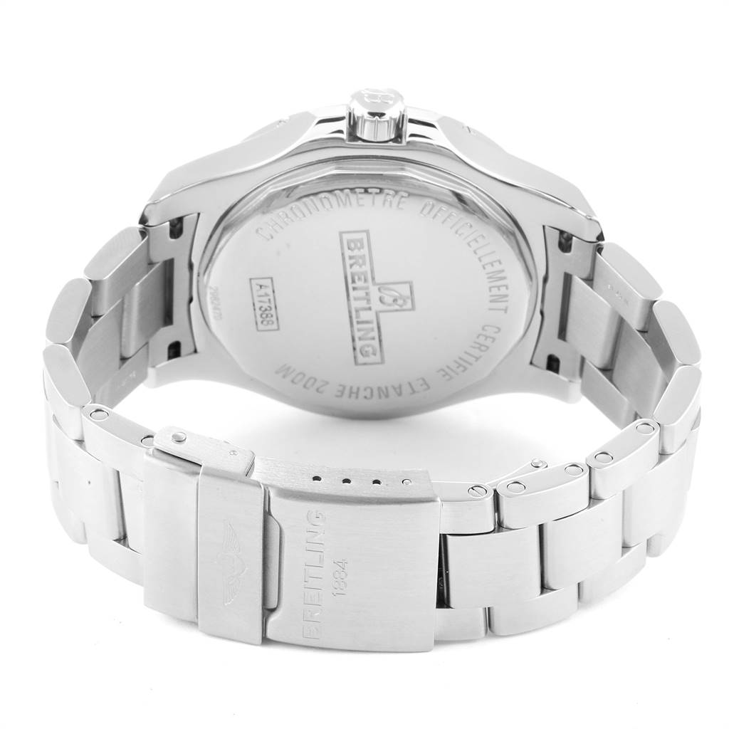 The image shows the back case and metal bracelet of a Breitling Colt A17388 Men's Stainless Steel Blue Dial A17388 Men's Stainless Steel Blue Dial watch.