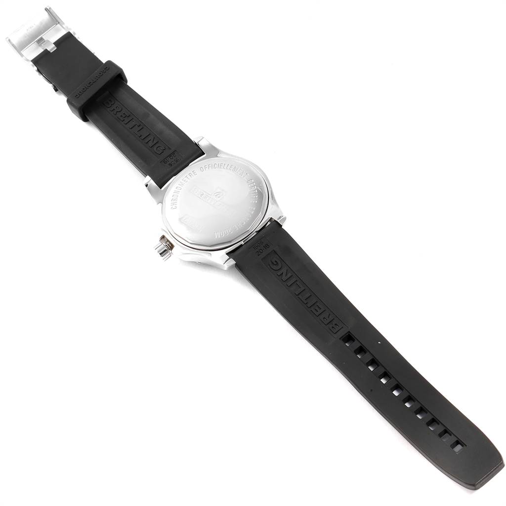 The image shows the back of a Breitling Colt A17313 Men's Stainless Steel White Dial A17313 Men's Stainless Steel White Dial watch with its black rubber strap fully extended.