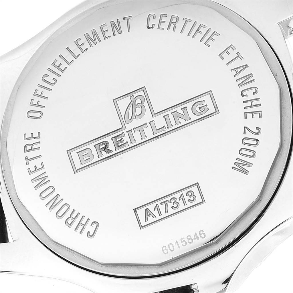 This image shows the back casing of a Breitling Colt A17313 Men's Stainless Steel White Dial A17313 Men's Stainless Steel White Dial watch at a close-up angle.