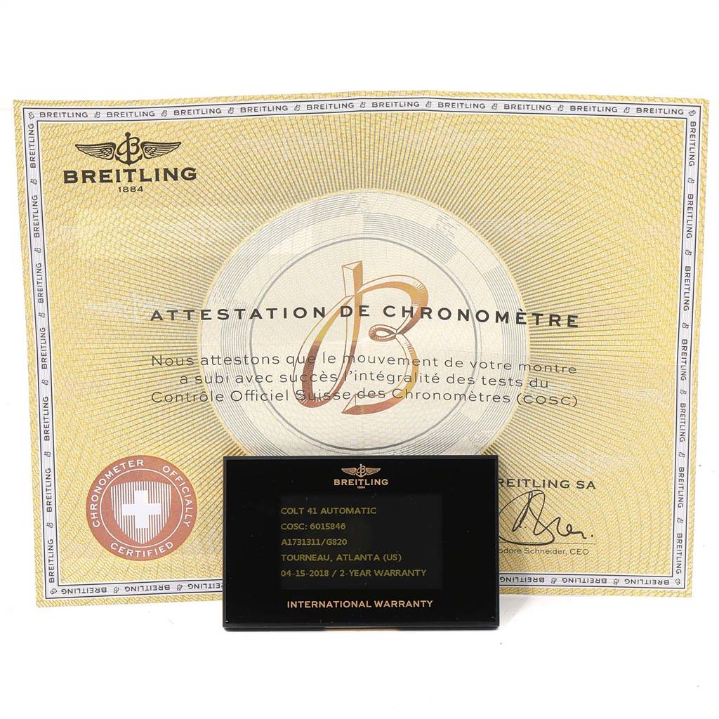 The image shows the Breitling Colt A17313 Men's Stainless Steel White Dial A17313 Men's Stainless Steel White Dial model's warranty card and Chronometer Certification document.