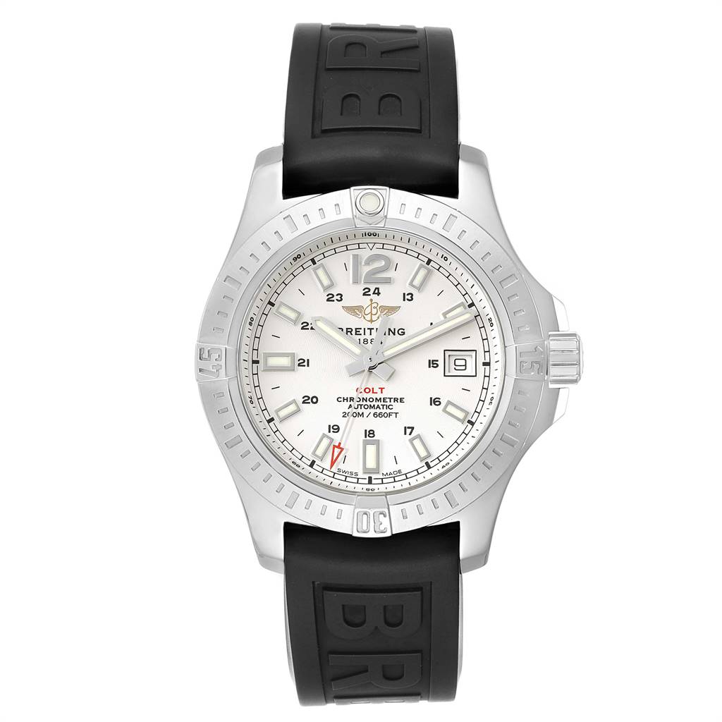 This image shows a front view of the Breitling Colt A17313 Men's Stainless Steel White Dial A17313 Men's Stainless Steel White Dial watch with a white dial and a black rubber strap.