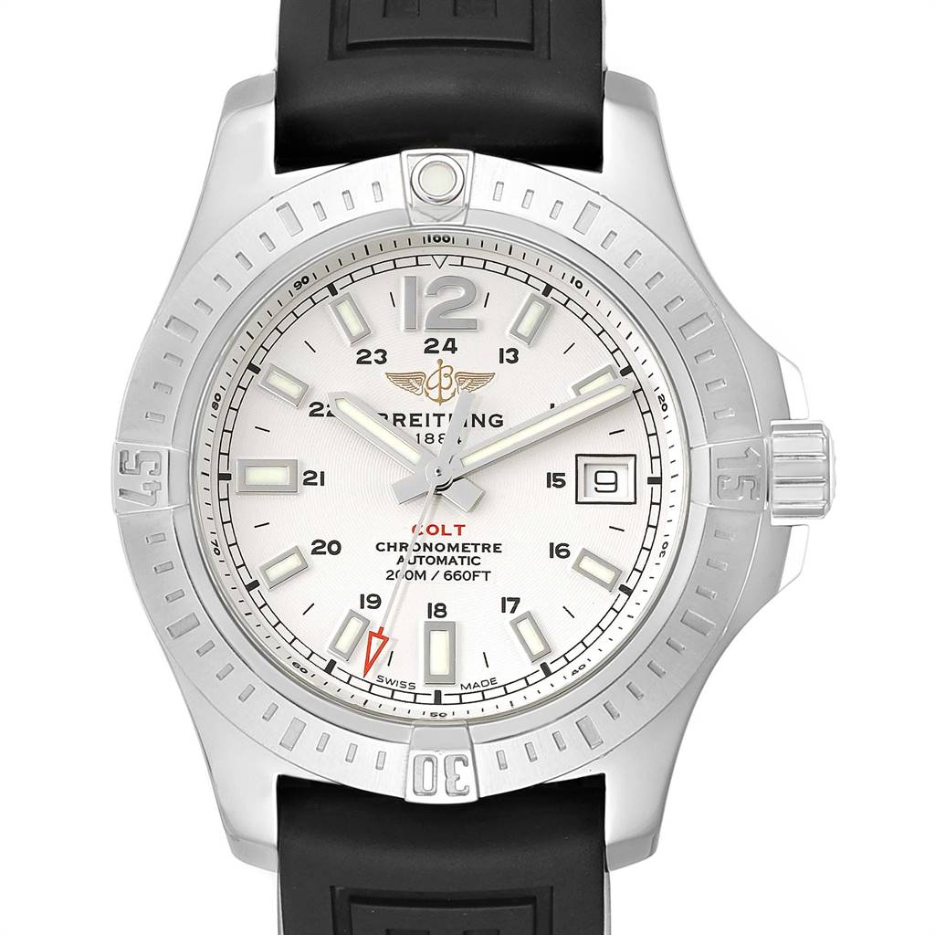 This image shows a front view of a Breitling Colt A17313 Men's Stainless Steel White Dial A17313 Men's Stainless Steel White Dial watch featuring a stainless steel case and a black rubber strap.