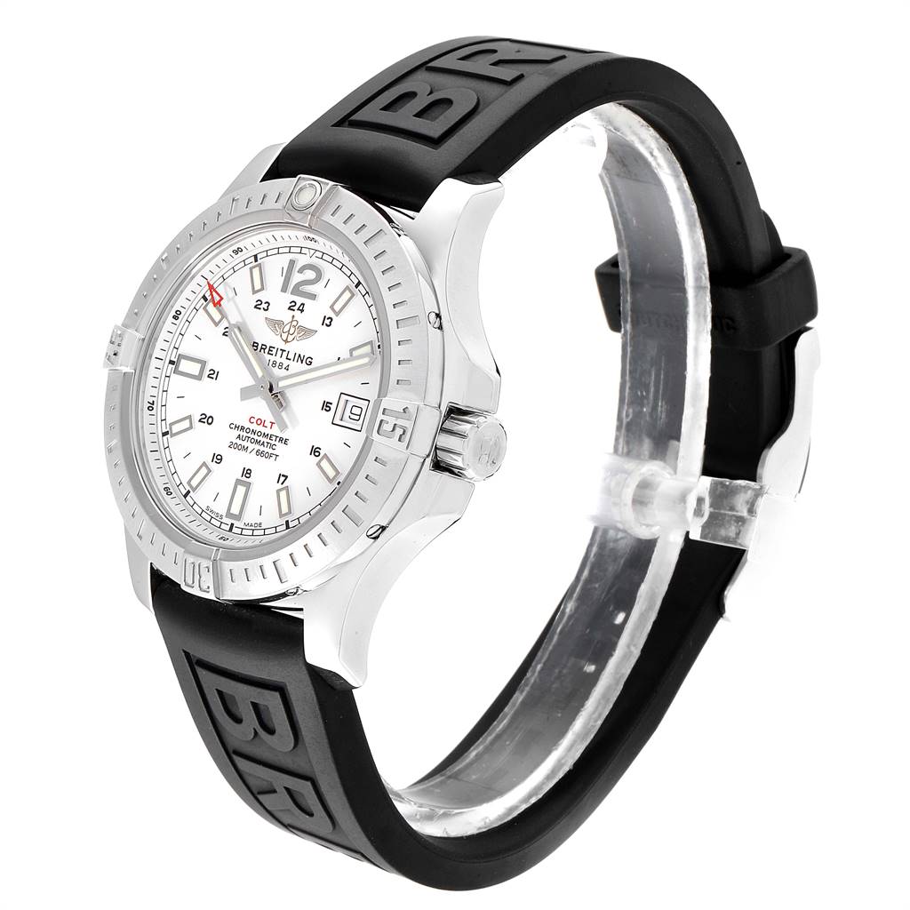 This image shows a side profile of the Breitling Colt A17313 Men's Stainless Steel White Dial A17313 Men's Stainless Steel White Dial watch, highlighting the face, bezel, and black rubber strap.