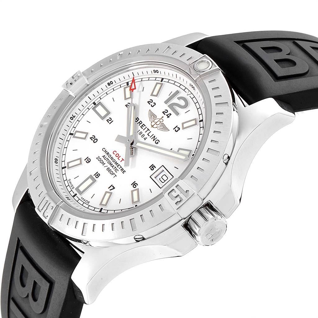 The image shows a Breitling Colt A17313 Men's Stainless Steel White Dial A17313 Men's Stainless Steel White Dial watch at an angle highlighting its face, bezel, crown, and part of the strap.
