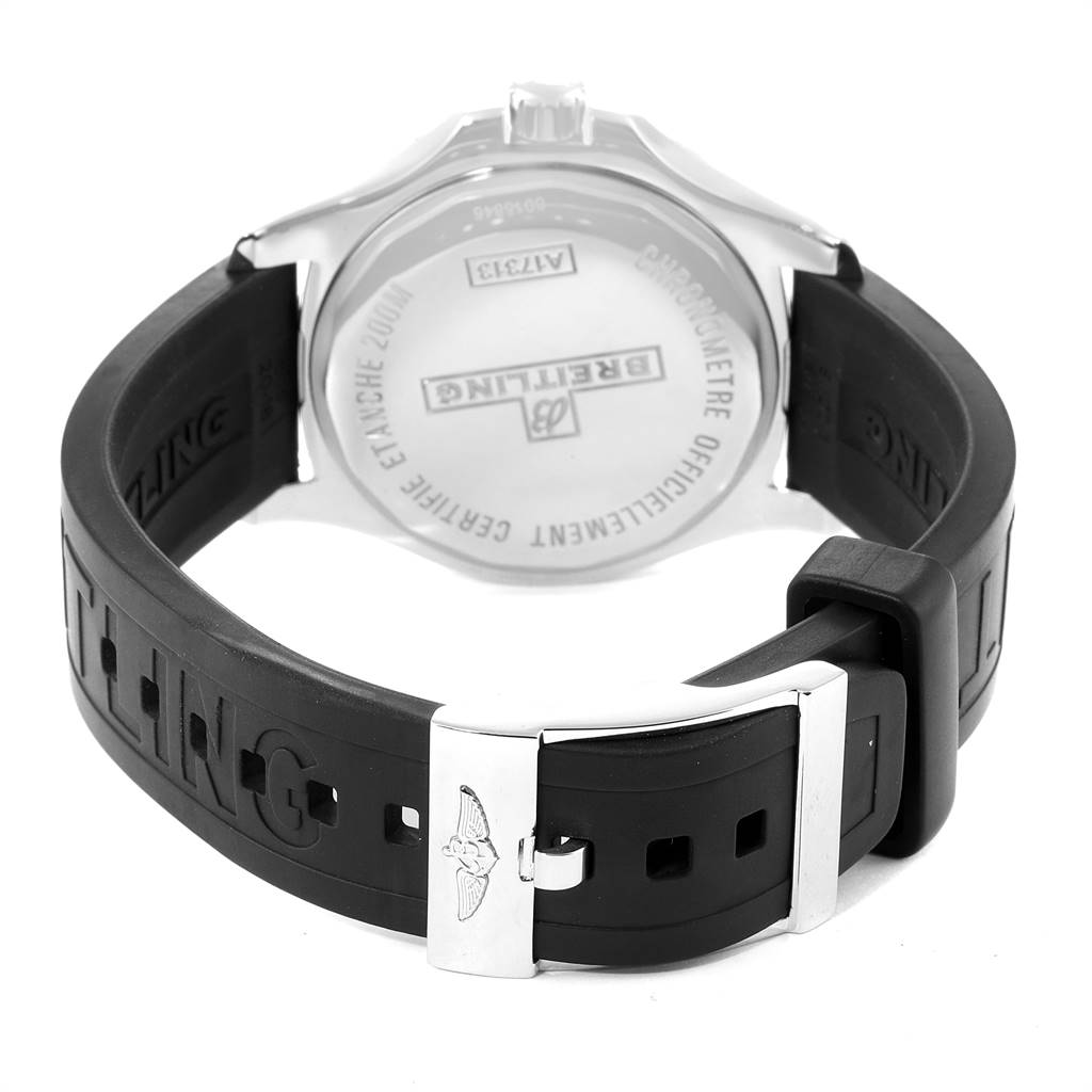 The image shows the back side of a Breitling Colt A17313 Men's Stainless Steel White Dial A17313 Men's Stainless Steel White Dial watch, highlighting the case back and the fastening buckle of the strap.