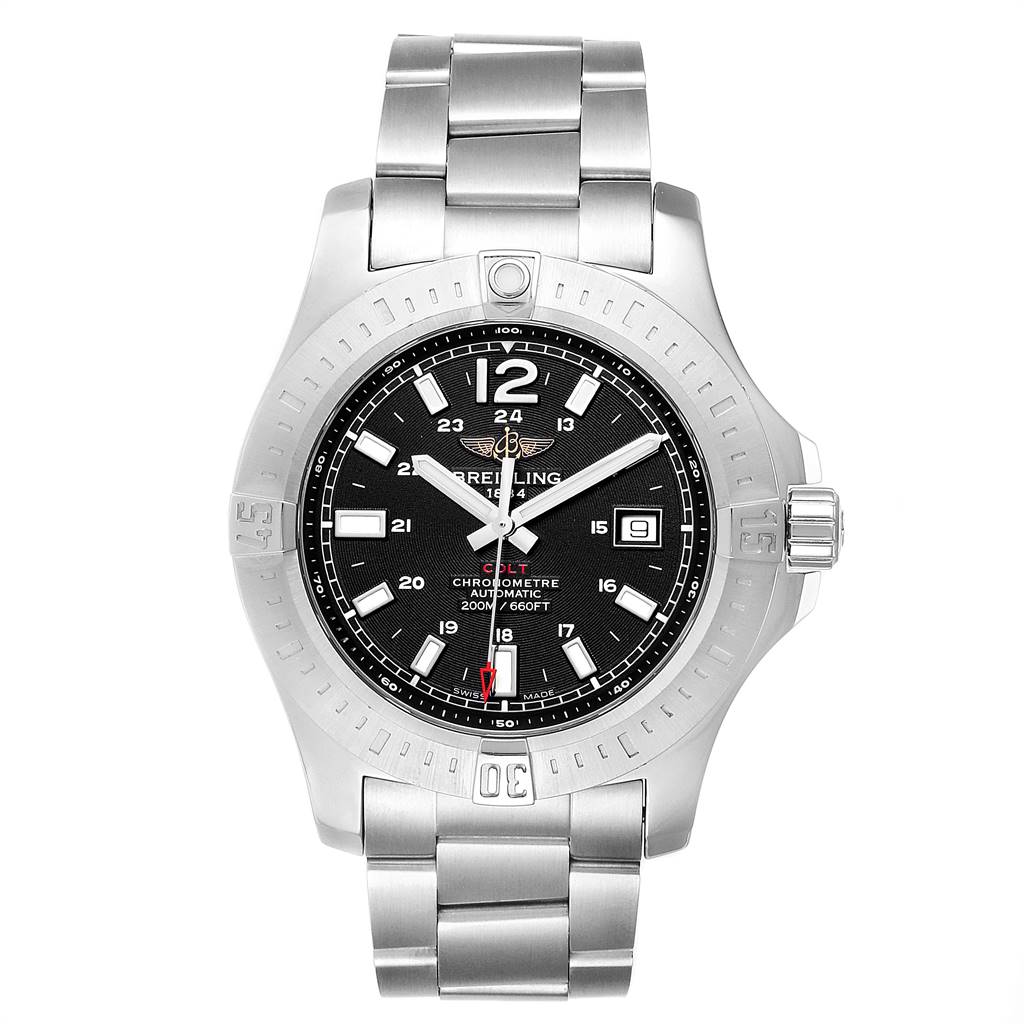 The Breitling Colt A17388 Men's Stainless Steel Black Dial A17388 Men's Stainless Steel Black Dial watch is shown from a front angle, displaying the face, bezel, crown, and stainless steel bracelet.