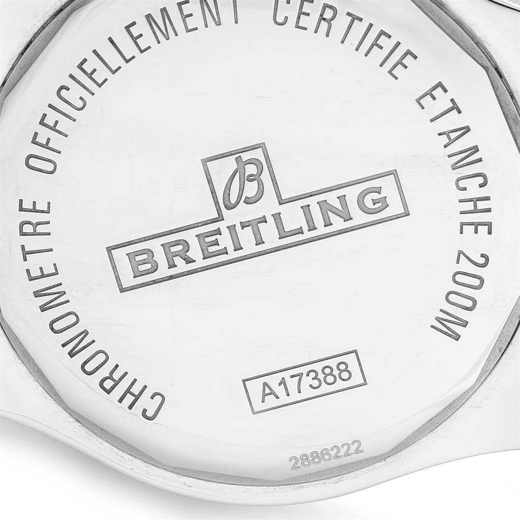 The image shows the back case of a Breitling Colt A17388 Men's Stainless Steel White Dial A17388 Men's Stainless Steel White Dial watch, displaying engraving details and water resistance information.
