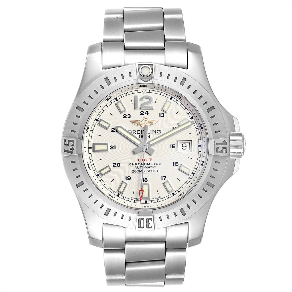 The image shows a front view of the Breitling Colt A17388 Men's Stainless Steel White Dial A17388 Men's Stainless Steel White Dial watch, displaying the dial, time markers, date window, bezel, and bracelet.