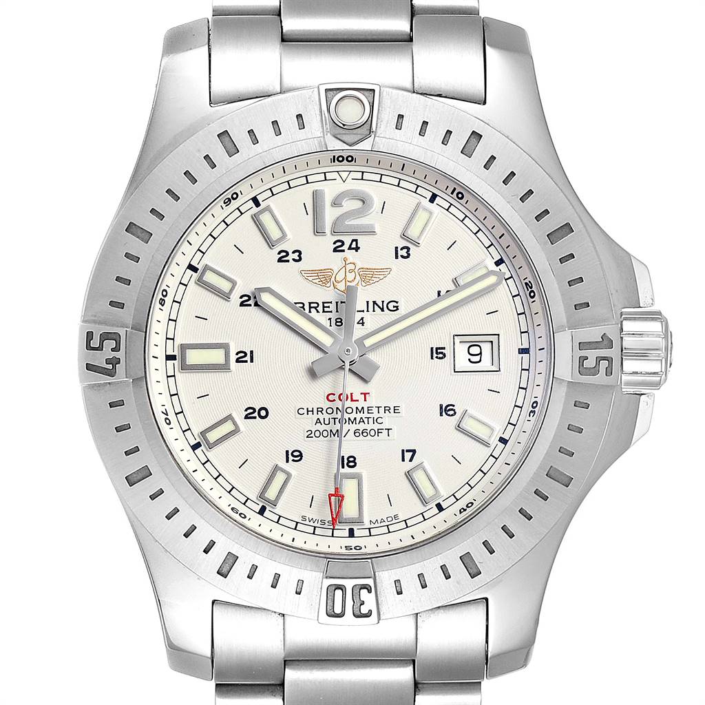 This image shows a front view of the Breitling Colt A17388 Men's Stainless Steel White Dial A17388 Men's Stainless Steel White Dial watch, highlighting the dial, bezel, and part of the bracelet.