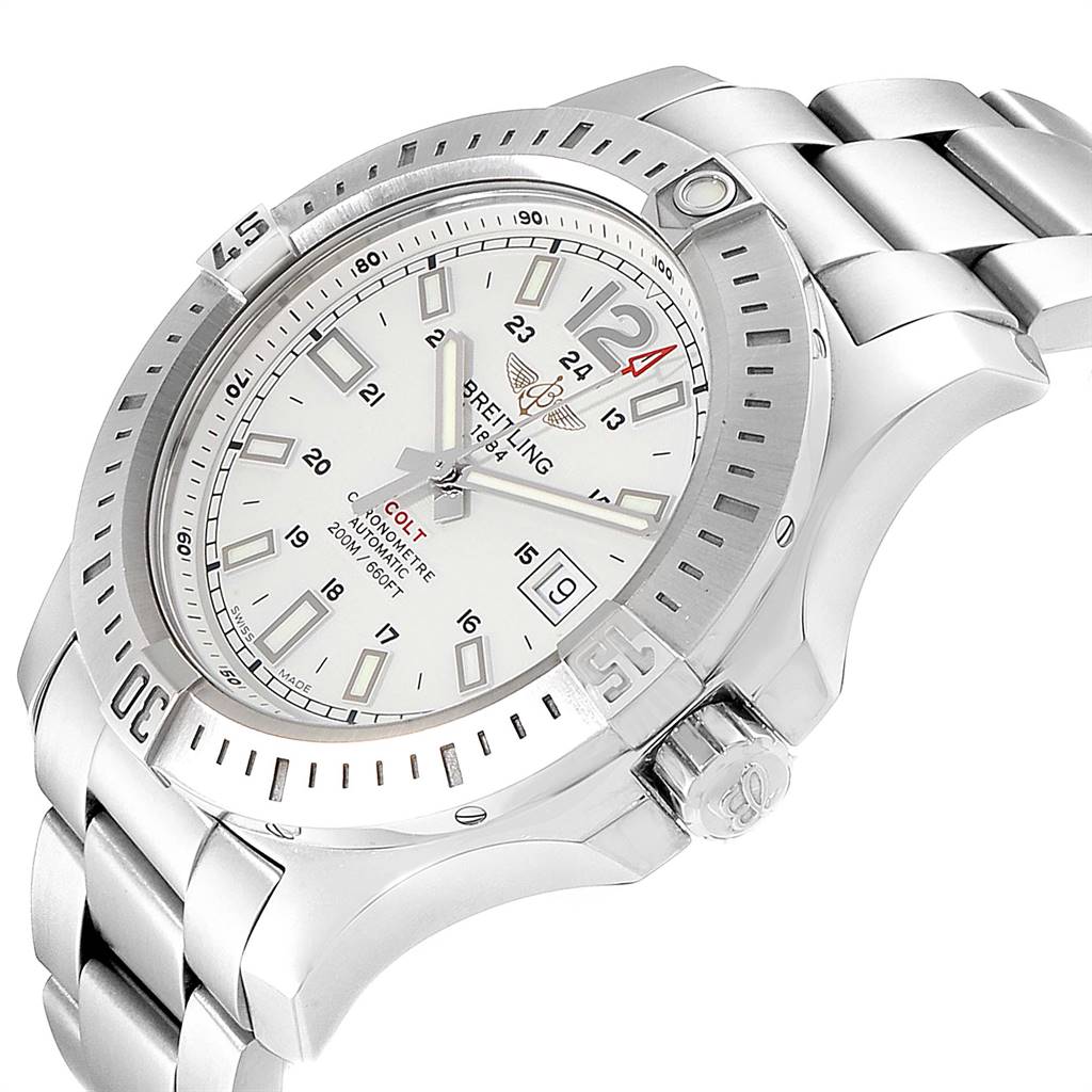 The image shows a Breitling Colt A17388 Men's Stainless Steel White Dial A17388 Men's Stainless Steel White Dial watch at an angled view, highlighting the watch face, bezel, and part of the bracelet.