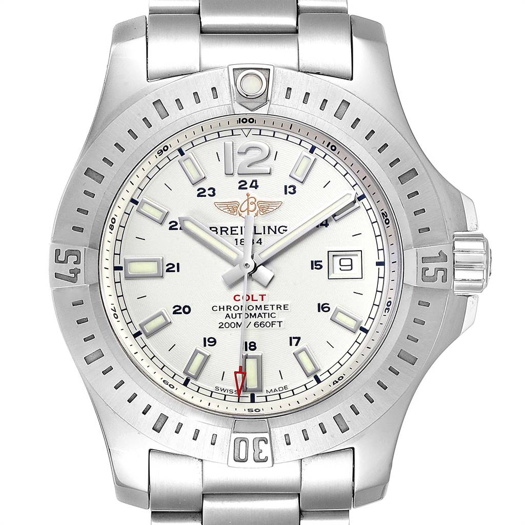 Front view of the Breitling Colt A17388 Men's Stainless Steel White Dial A17388 Men's Stainless Steel White Dial model watch, showcasing its face, bezel, and part of the bracelet.