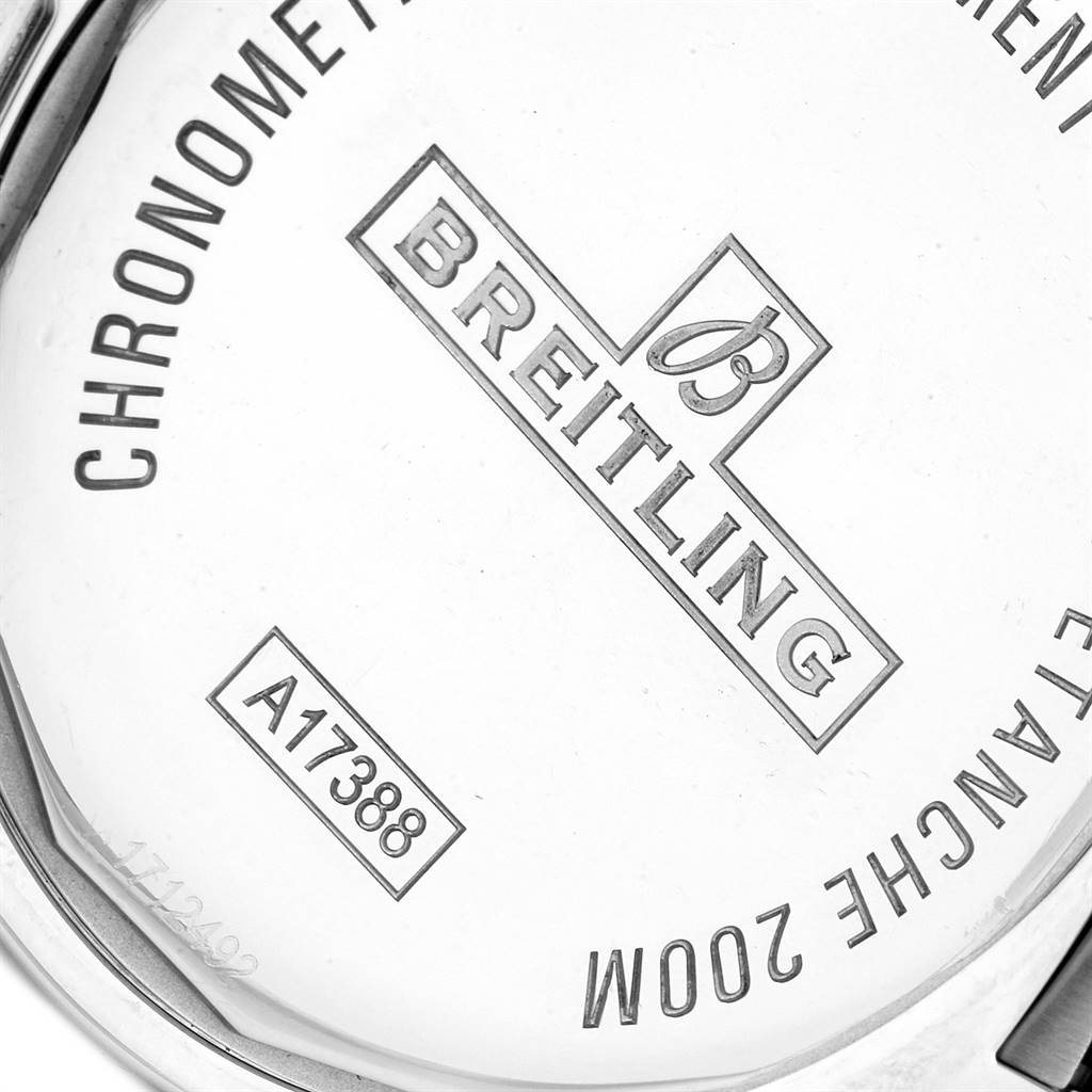 This image shows the back case of a Breitling Colt A17388 Men's Stainless Steel White Dial A17388 Men's Stainless Steel White Dial watch, displaying the model number A17388 and water resistance information.