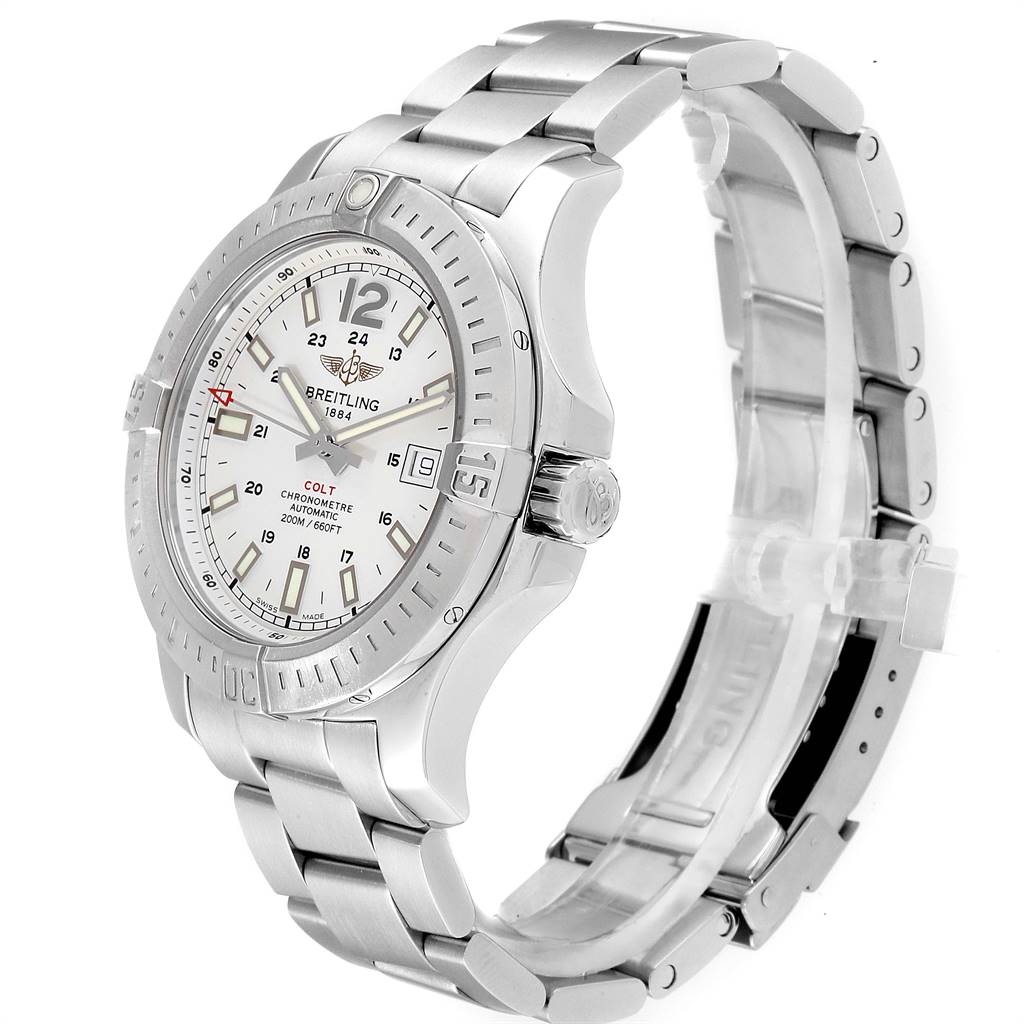 This image shows the Breitling Colt A17388 Men's Stainless Steel White Dial A17388 Men's Stainless Steel White Dial watch at a slight angle, highlighting the dial, bezel, crown, and stainless steel bracelet.