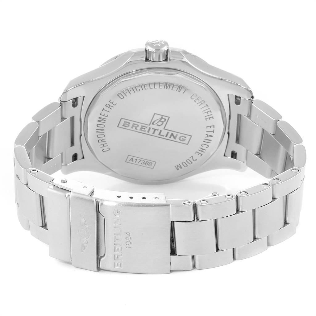 The image shows the back case and bracelet clasp of a Breitling Colt A17388 Men's Stainless Steel White Dial A17388 Men's Stainless Steel White Dial watch from a rear angle.