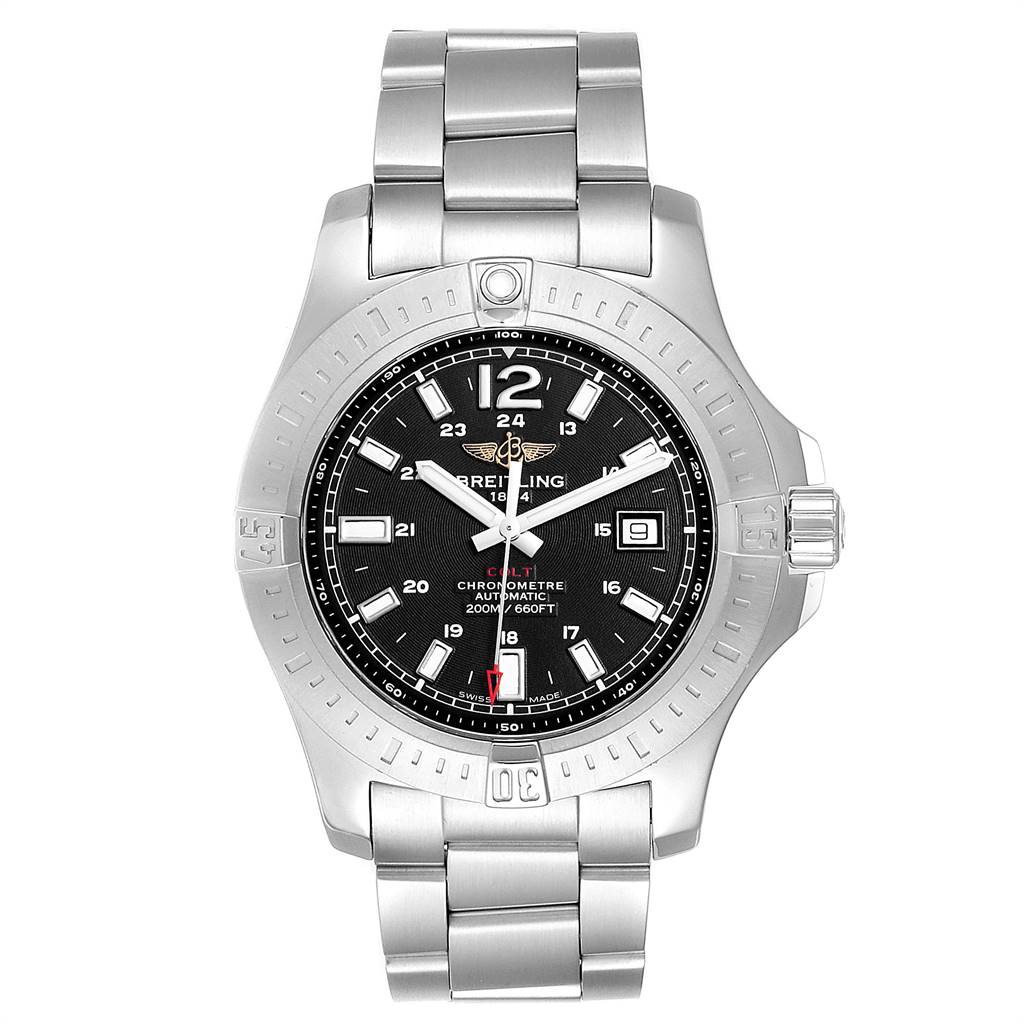 This image shows a frontal view of the Colt model watch by Breitling, featuring its face, bezel, and bracelet.