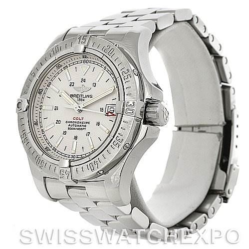 The image shows a Breitling Colt A17380 Men's Stainless Steel Silver Dial A17380 Men's Stainless Steel Silver Dial watch at a three-quarter angle, highlighting its dial, bezel, crown, and metal bracelet.