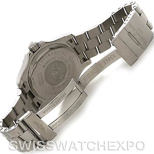 The image shows the back and bracelet of a Breitling Colt A17380 Men's Stainless Steel Silver Dial A17380 Men's Stainless Steel Silver Dial watch, including the clasp with "Breitling" engraved on it.