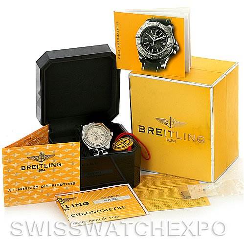This image shows a Breitling Colt A17380 Men's Stainless Steel Silver Dial A17380 Men's Stainless Steel Silver Dial watch along with its box, manuals, warranty card, and official documents from various angles.
