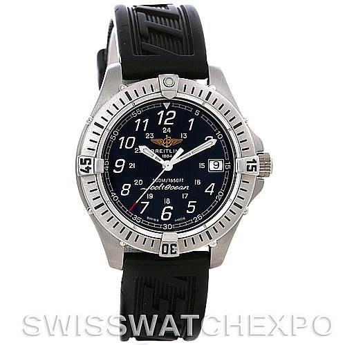 The image shows a front view of a Breitling Colt A64050 Men's Stainless Steel Black Dial A64050 Men's Stainless Steel Black Dial watch with a black dial, black strap, and silver bezel.