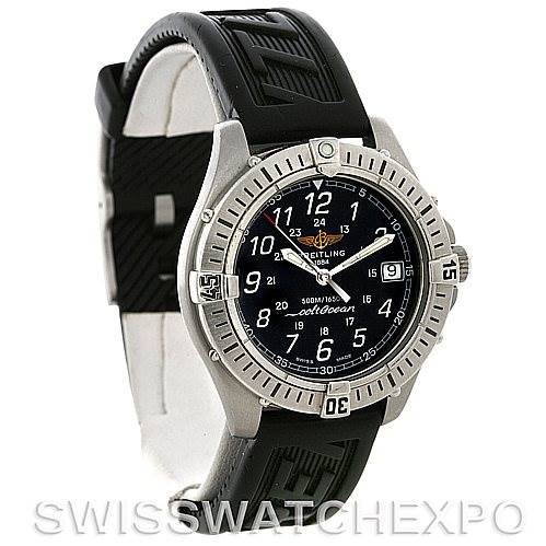 The image shows a Breitling Colt A64050 Men's Stainless Steel Black Dial A64050 Men's Stainless Steel Black Dial watch from an oblique angle, highlighting the face, bezel, and strap front.