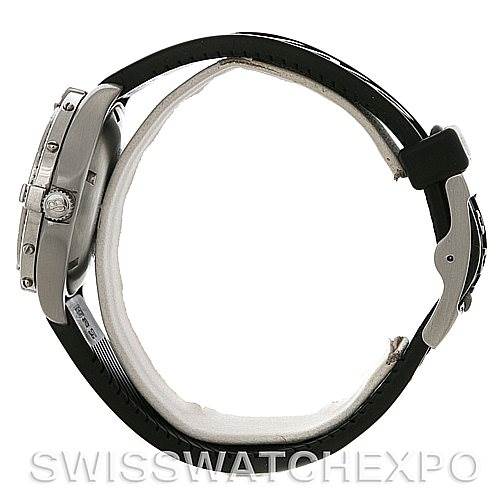 The image shows a side profile of a Breitling Colt A64050 Men's Stainless Steel Black Dial A64050 Men's Stainless Steel Black Dial watch, focusing on the watch case, crown, and black leather strap.