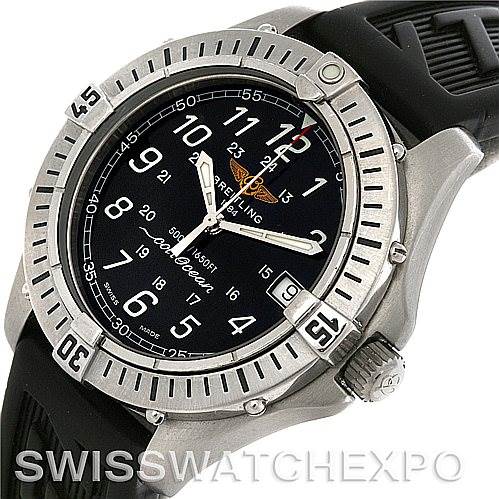 This Breitling Colt A64050 Men's Stainless Steel Black Dial A64050 Men's Stainless Steel Black Dial watch is shown from a front angle, highlighting the face, bezel, and part of the strap.