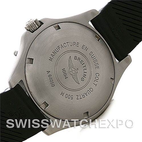 The image shows the back case of a Breitling Colt A64050 Men's Stainless Steel Black Dial A64050 Men's Stainless Steel Black Dial watch, displaying the brand engraving and model details.